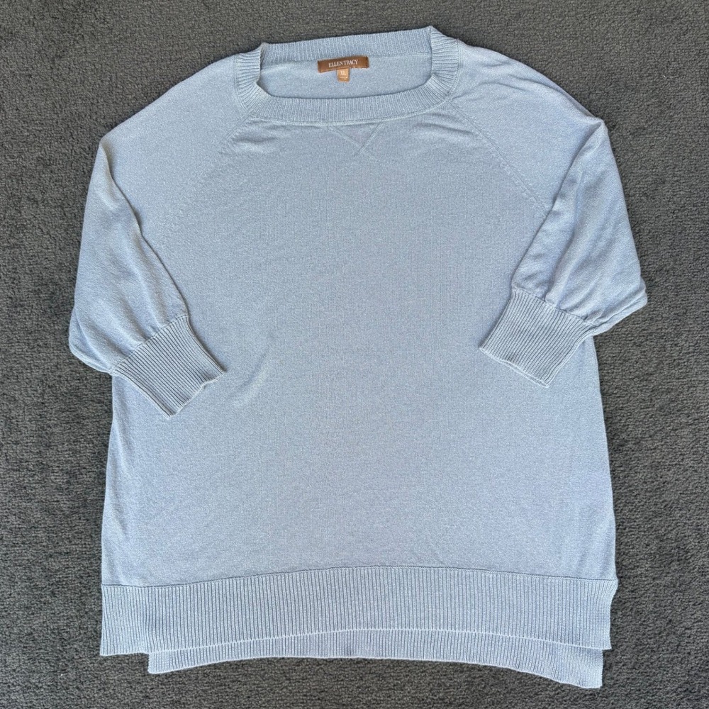 Ellen Tracy Light Blue Metallic Shimmer 3/4 Sleeve Knit Sweater XL RN125598